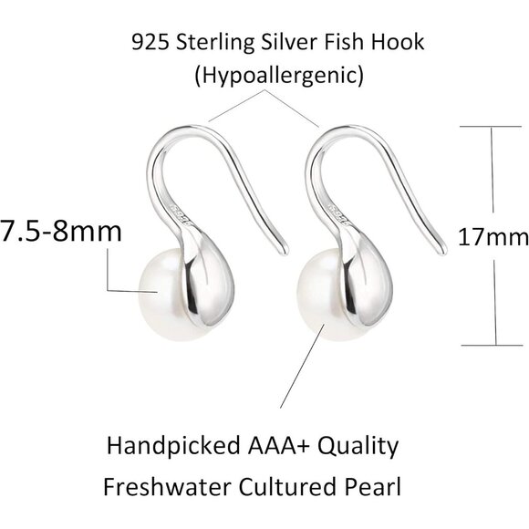 925 Sterling Silver Hoop Handpicked AAA+ Quality 7.5-8mm Dangle Drop Earrings - Picture 3 of 6